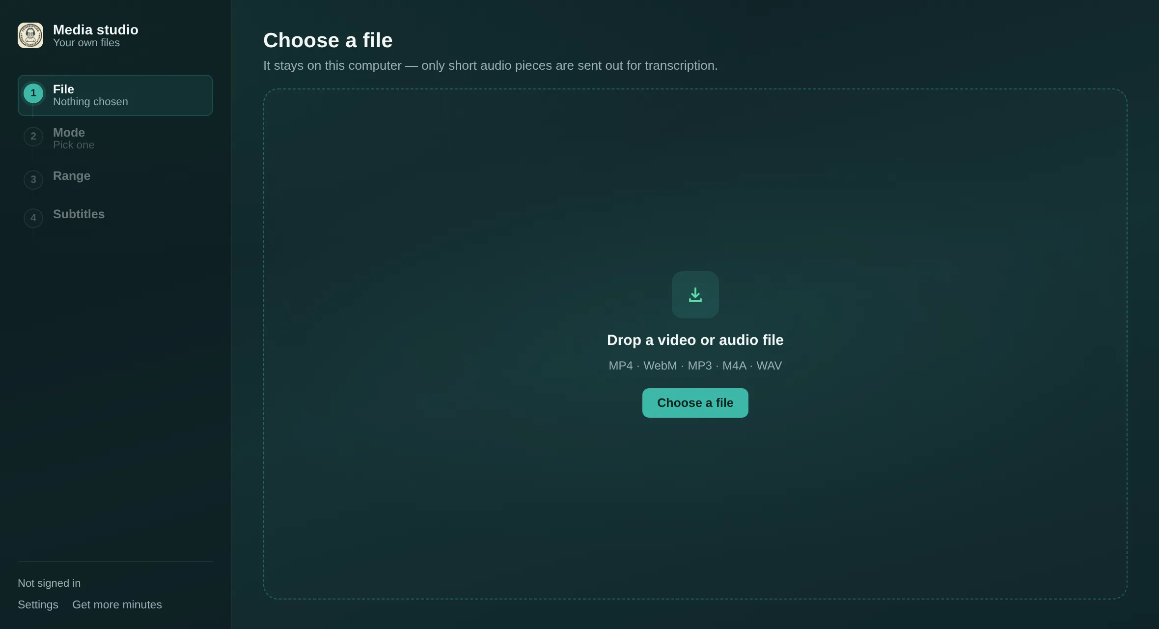The media studio's first step: a drop zone reading 'Drop a video or audio file', listing MP4, WebM, MP3, M4A and WAV, with a four-step sidebar showing File, Mode, Range and Subtitles.